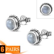 6pairs, Rainbow Moonstone Round Stud Silver Earrings - e369